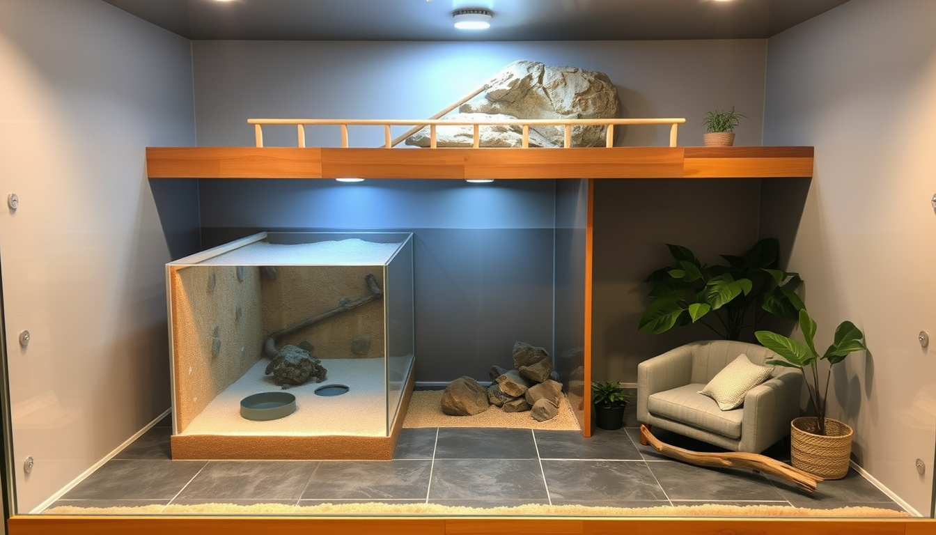 AI Art prompt example created from the prompt: Front-view realistic 120x60x60cm bearded dragon enclosure. EXACTLY TWO LEVELS. Upper level is a large partial platform covering the back hal