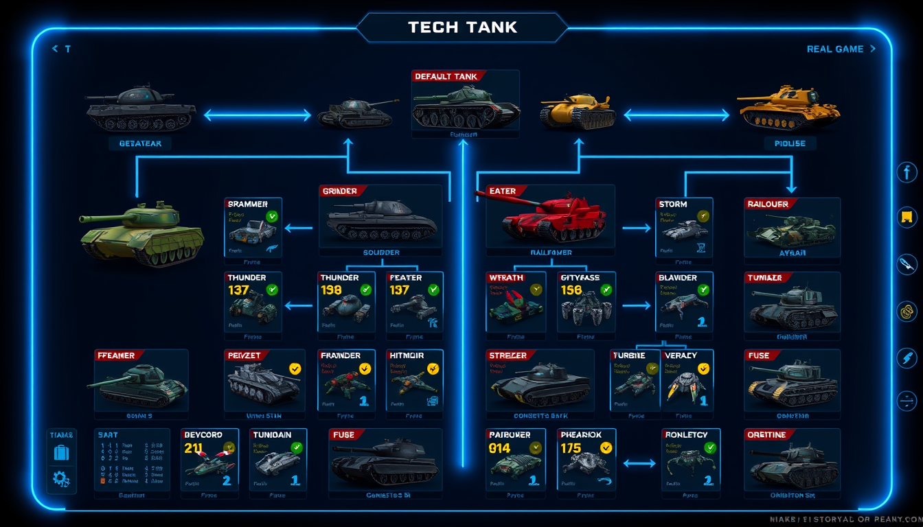 Main art studio: Create a HUGE Roblox Tank Game tech tree, not a gallery. Start with DEFAULT TANK left, 7 tiers, ENDGAME right. Use REAL names: Default Tank, Double, S