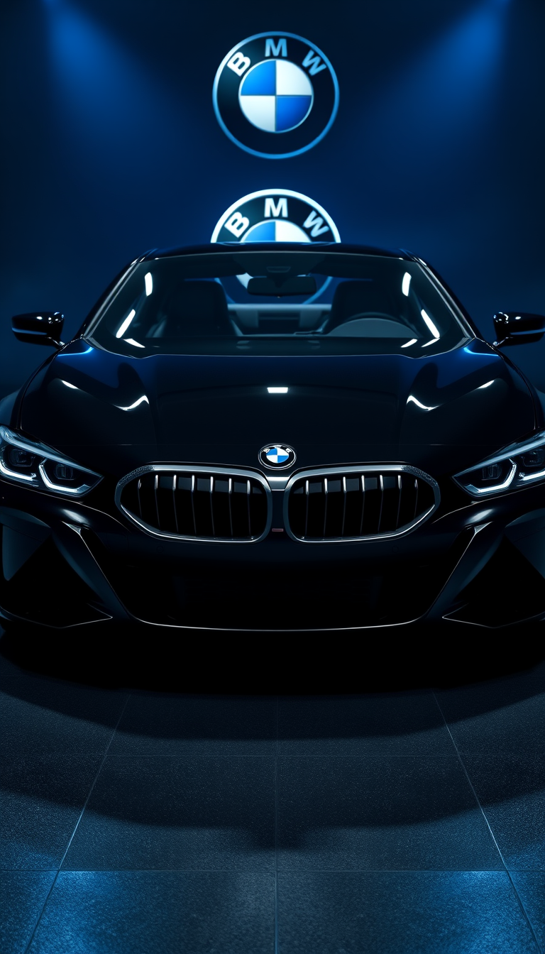 Main art studio: Ultra-realistic cinematic 8K vertical 9:16 BMW wallpaper. Glossy black BMW sports car facing directly forward, perfectly centered, aggressive stance,