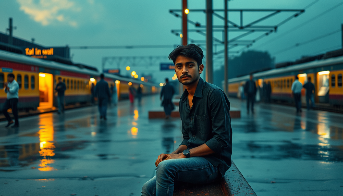 Main art studio: A rainy Indian railway station at evening, a young Indian man named Arjun, 24 years old, simple shirt and jeans, sitting alone on a bench with a worri