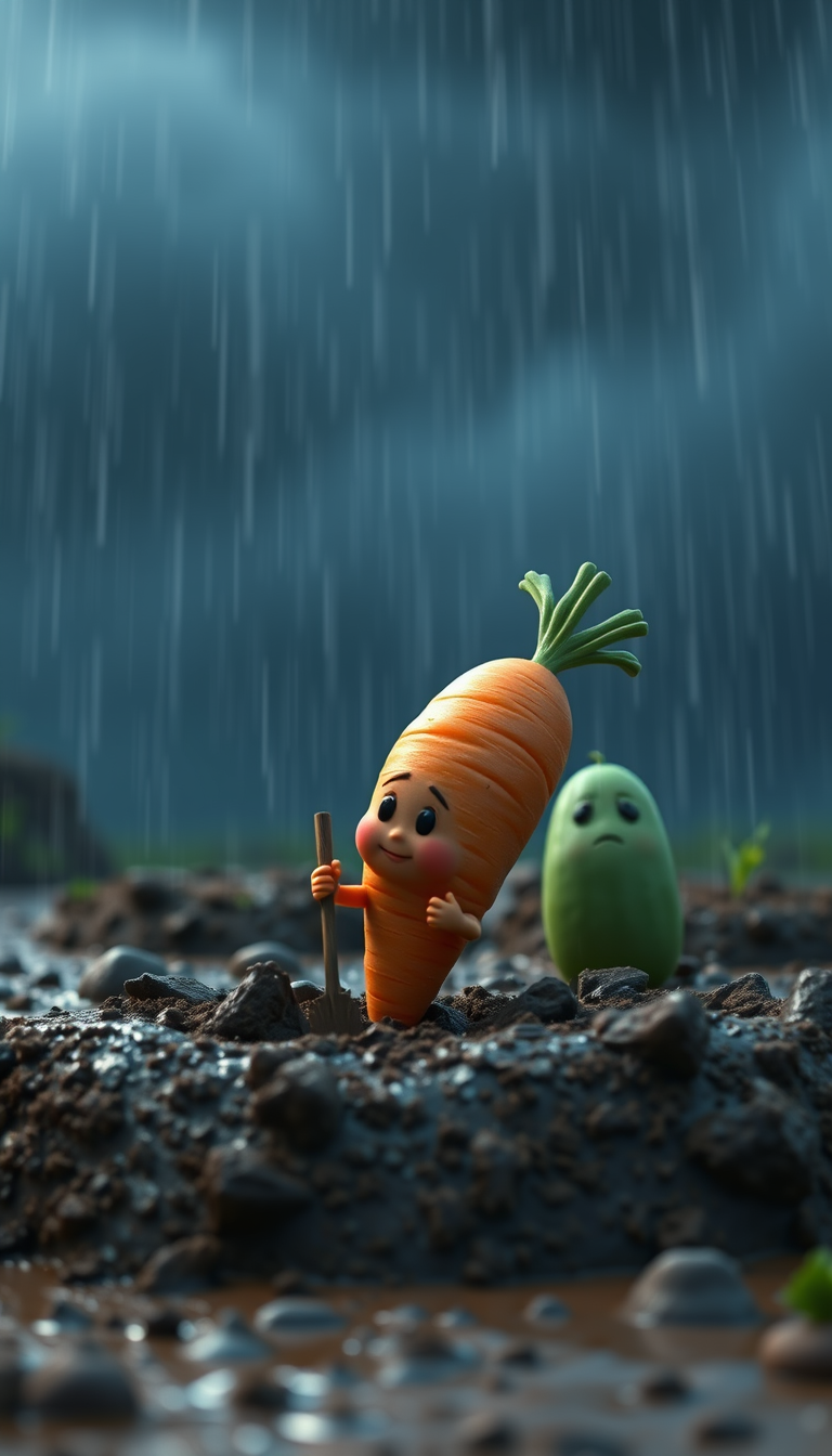 Main art studio: Tiny brave carrot Gaju digging hard mud with her tiny hands during a heavy storm, falling into muddy water but getting back up, cucumber Kiku watching