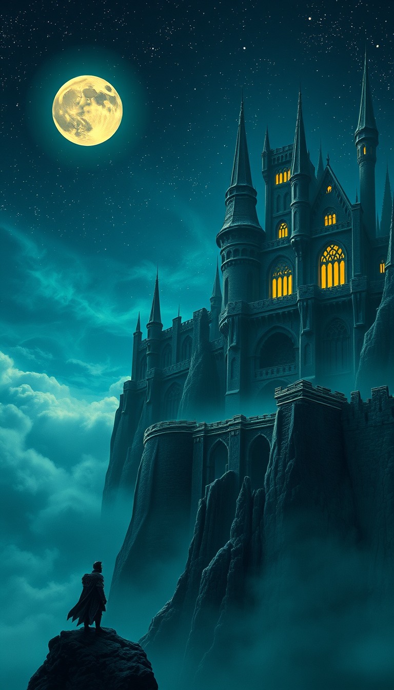 Main art studio: A massive ancient medieval castle floats high above dark clouds beneath a glowing moon and countless stars. Towering black stone walls, enormous bridg