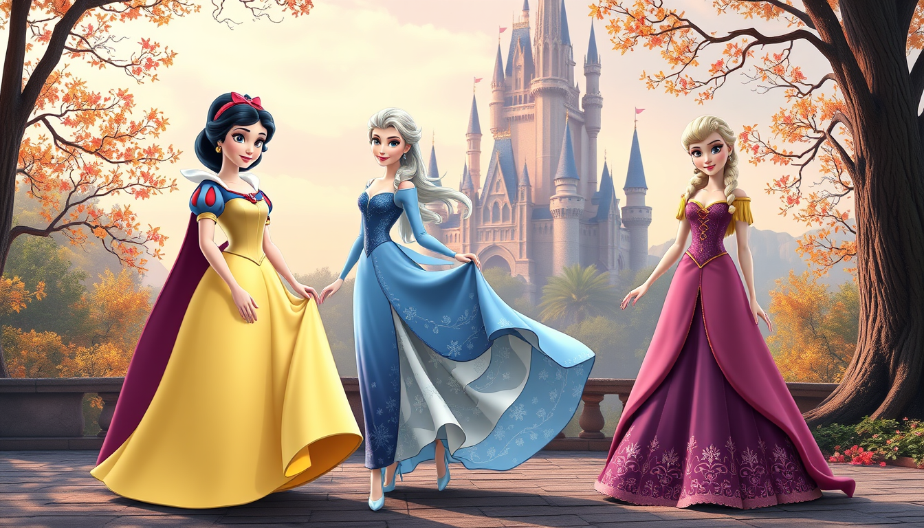 Main art studio: CREATE 3 DISNEY PRINCESS CHARACTER , SNOW WHITE ,ELSA ,CINDERRELA ,FULL BODY SHOWING FEET NO BACKGROUND ONLY CASTLE JUST PNG FILE ONLY
