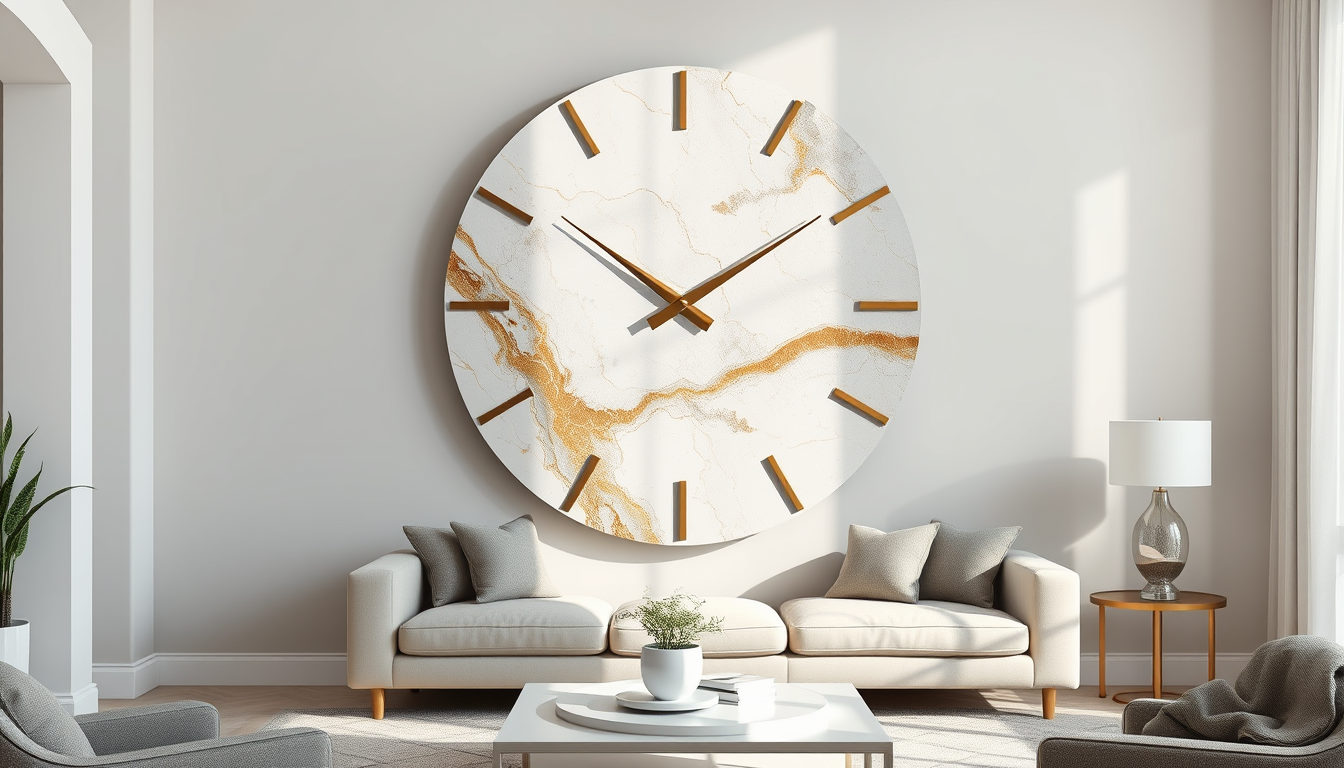 Main art studio: Luxury marble-pattern resin wall clock, soft light shades of antique gold, metallic copper, metallic gray and white, subtle delicate marble veins, pal