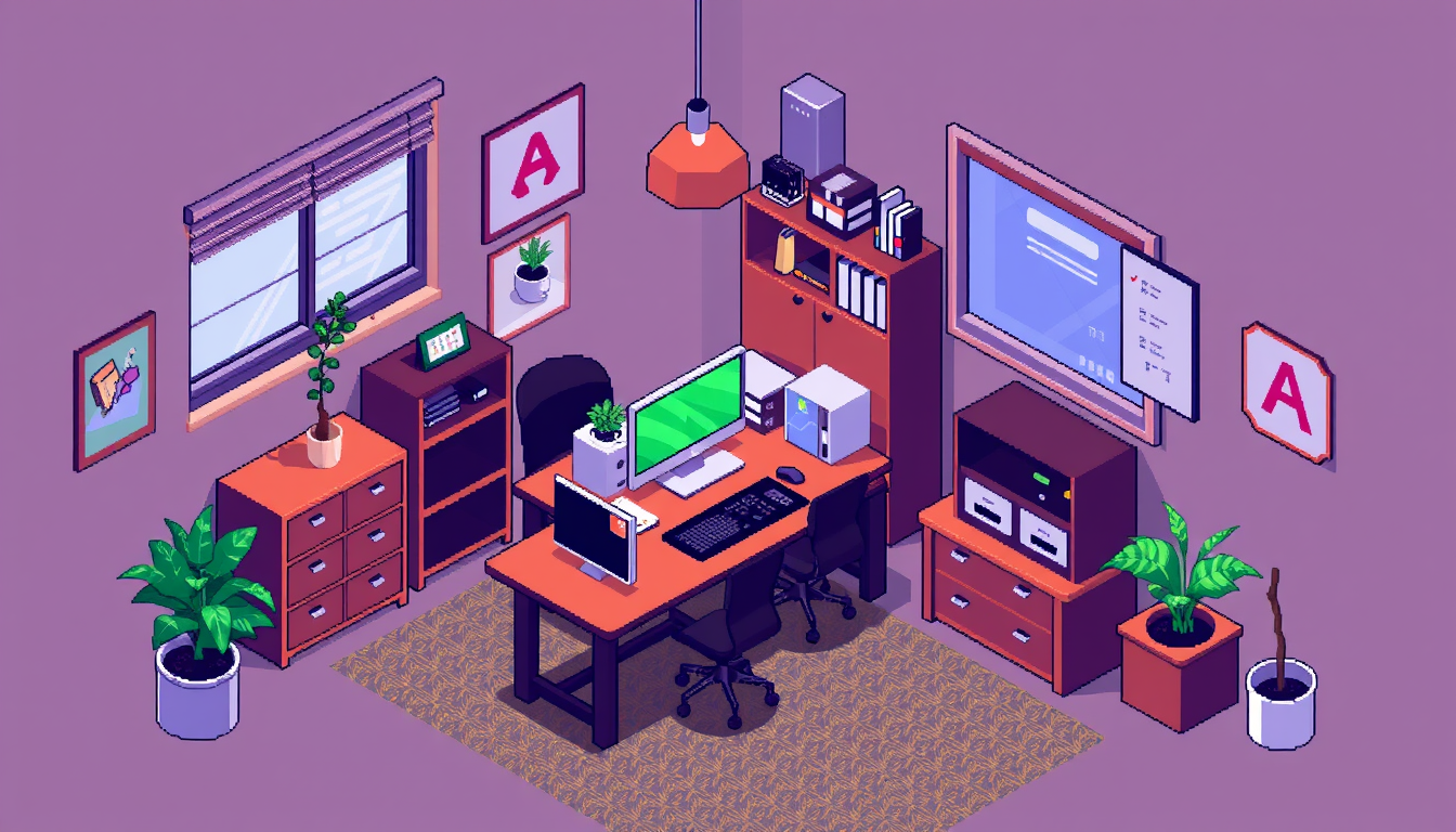 Main art studio: isometric office workspace, 8-bit pixel art