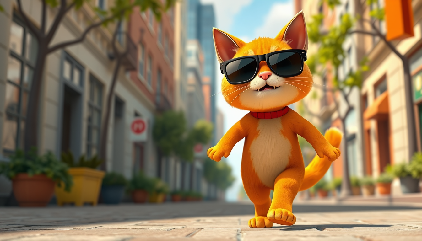 Main art studio: The same cute orange cat wearing stylish sunglasses, walking confidently like a superhero, beautiful city street, cinematic 3D animation style, funny