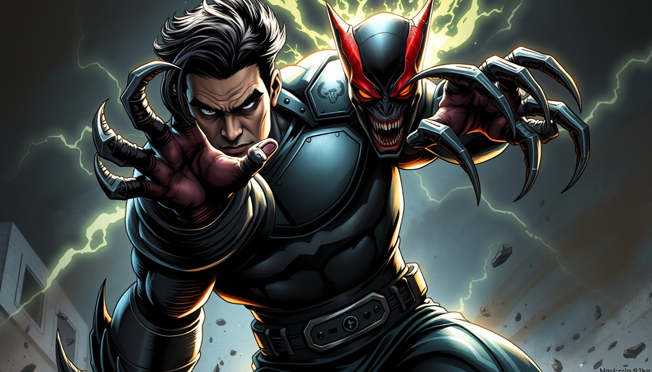 Superhero idea created from the prompt: original superhero character design, dynamic pose, bold costume, dramatic lighting, comic art energy, he was captured for experiment, the mu