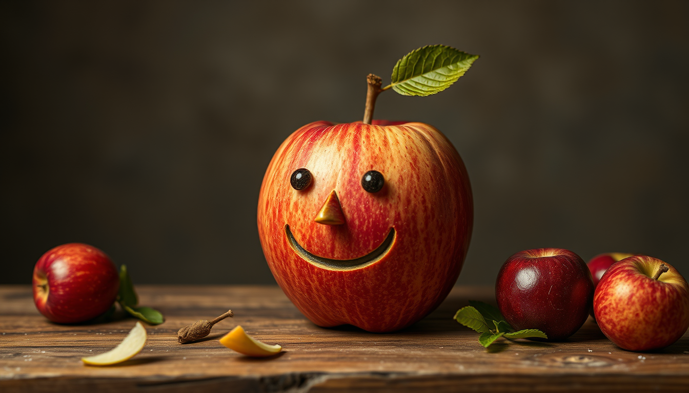 AI Art prompt example created from the prompt: an apple what has an face that is schocked