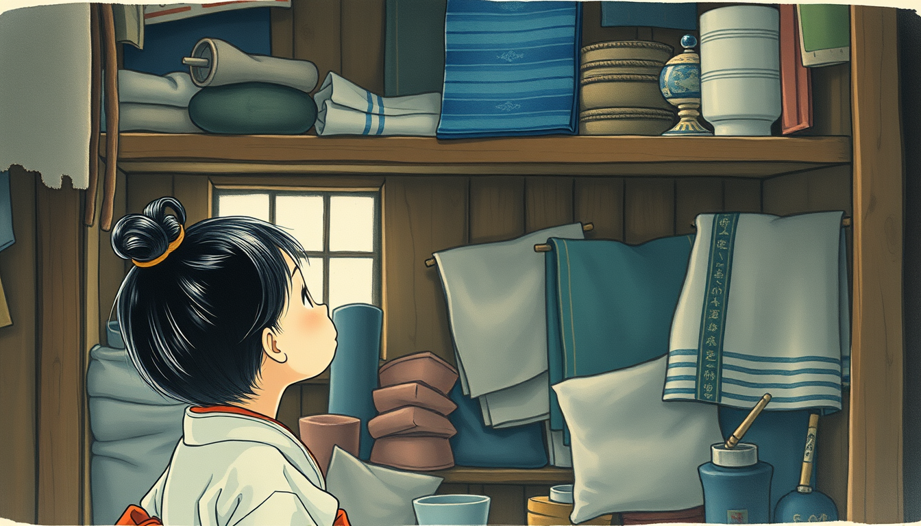 Main art studio: Little Japanese girl with her hair tied up, inside the old ramshackle shop looking up at the blue fabric way up high on a dusty shelf, barely visible 