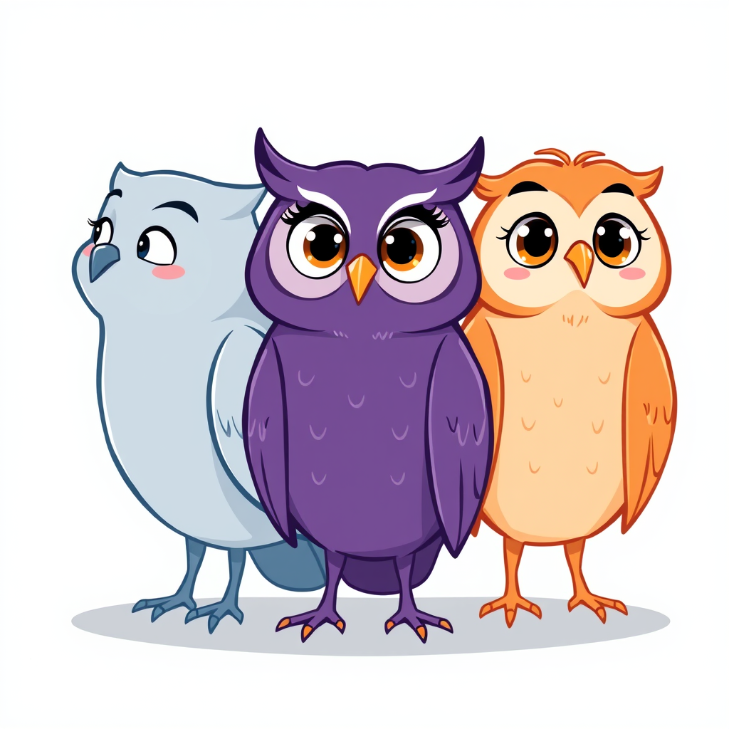 Main art studio: Modern university study app mascot, exactly three charming cartoon owls side by side. Left: blue-gray, shy and gentle, looking up-left bashfully. Midd