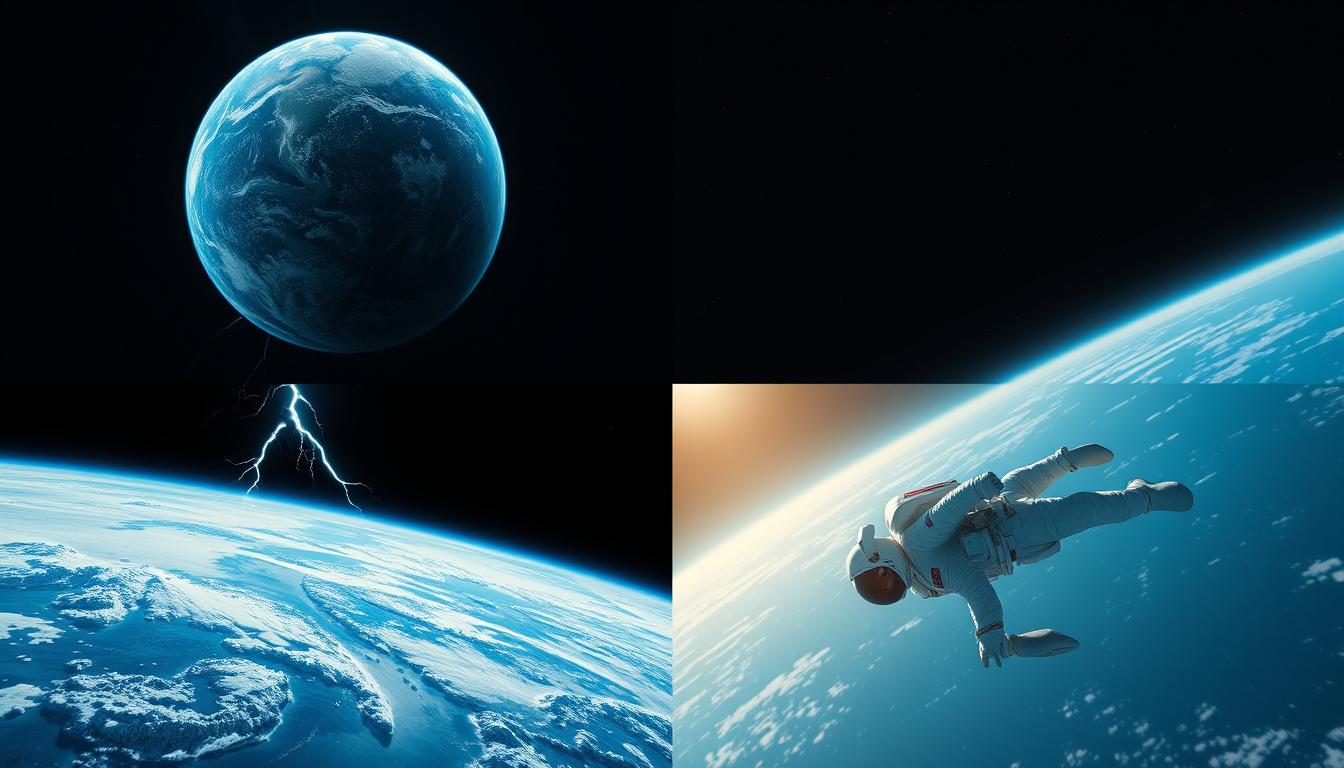 Main art studio: Ultra-realistic cinematic montage. Fast cuts of Earth from space, lightning striking, a blue whale swimming underwater, and an astronaut floating in s