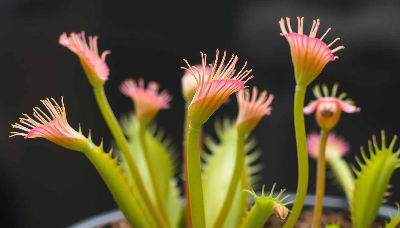 Main art studio: venus flytrap but are much bigger and taller and are flatter and have a long and slim stem and are green with a pink hue and have a surface to catch f