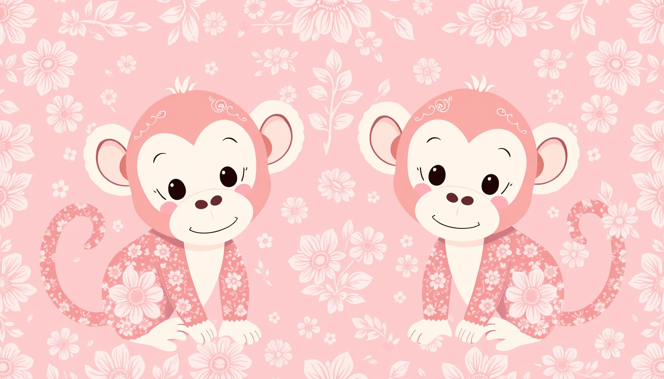 Main art studio: cute pastel clipart illustrations of baby monkey, flat vector style. The entire surface of each item is fully covered with delicate soft pink floral t