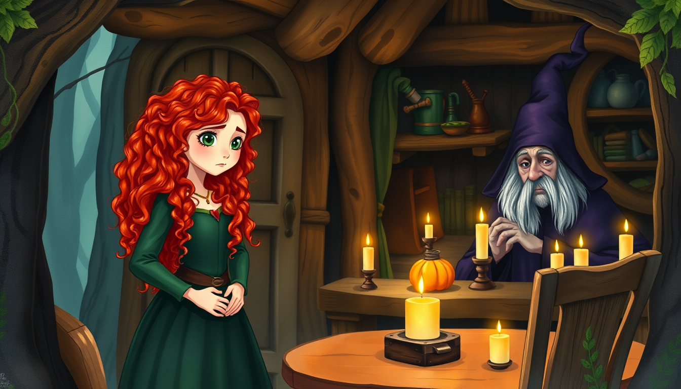 Main art studio: Merida, a teenage Scottish princess with long curly red hair, green eyes, and a dark green dress, stands inside a mysterious forest cottage. An old my