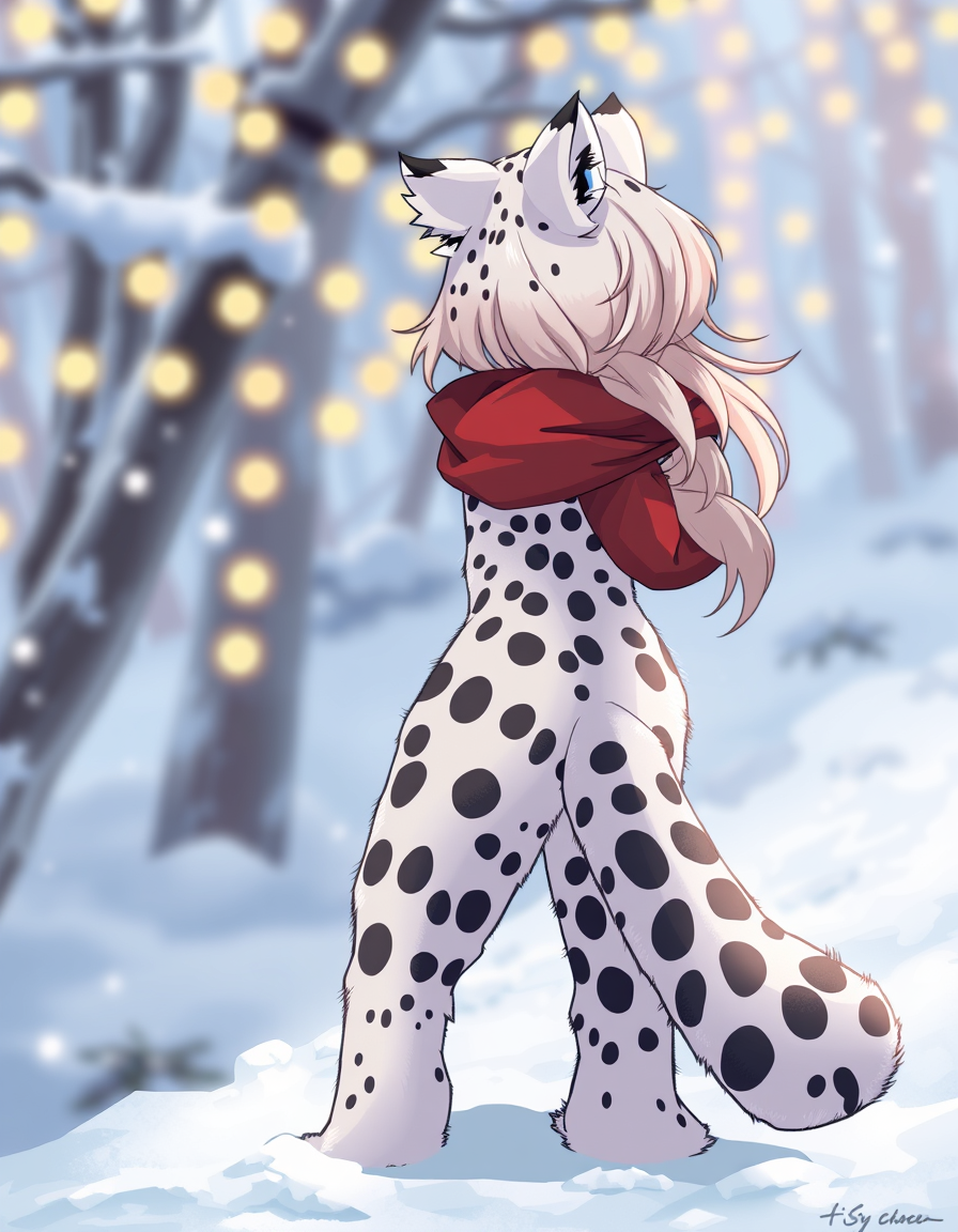 Main art studio: Furry anime anthropomorphic snow leopard girl show butt