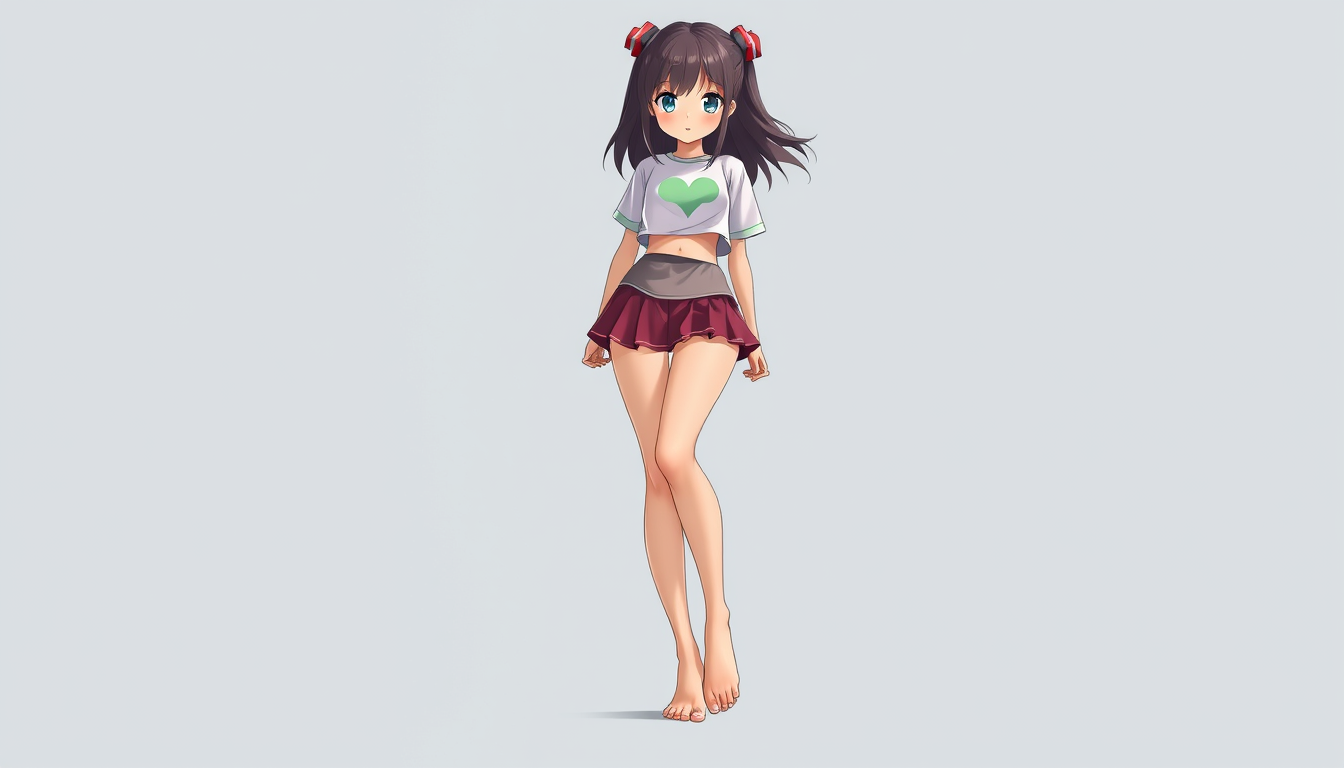 Main art studio: An animie tall girl with big thighs, small skirts, t shirt and on bare foot