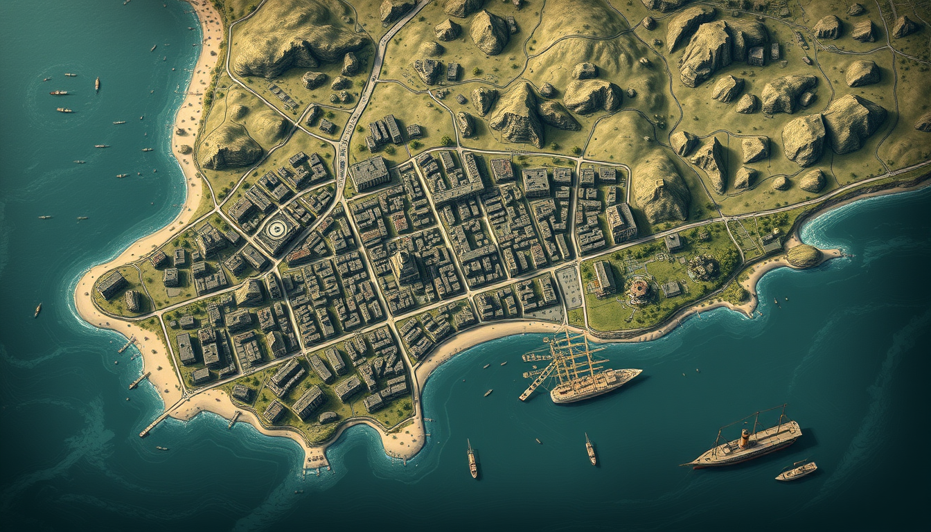 Fantasy Maps idea: a readable fictional world map with coherent coastlines, terrain regions, routes, and landmarks, deliberate composition, Mapa top-down de Santa August