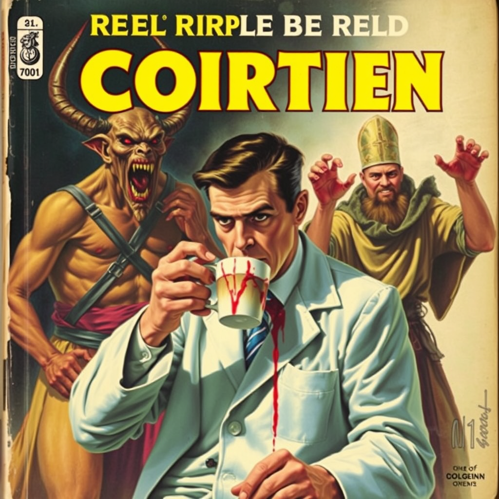 Main art studio: Pulp horror book cover depicts a doctor sipping coffee calmly smeared with blood, on his left there is a strapped demon of some kind who's writhing in