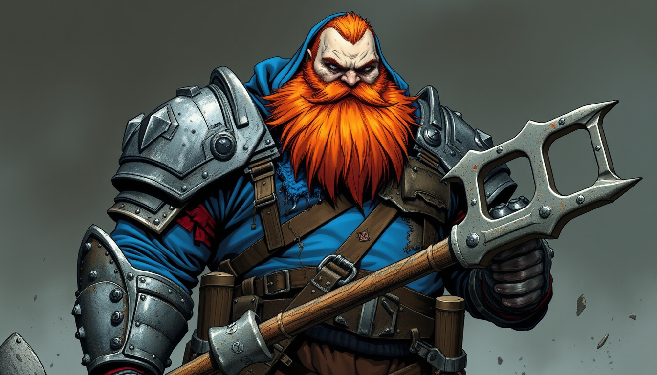Main art studio: A massive, imposing warrior with a powerful, heavy build and a huge bushy orange beard, wearing a bright blue hoodie beneath battered ancient steel ar