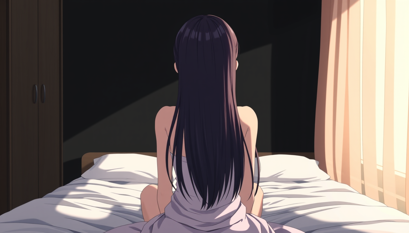 Main art studio: Anime girl with big big ass from a rear view behind, she is also sitting on a bed looking in a black room towards the wall while her ass is centered t