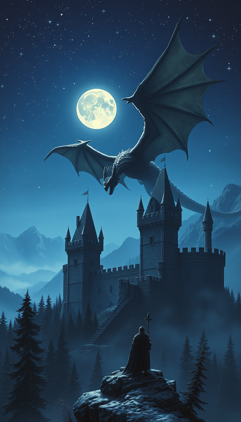 Main art studio: An enormous dark dragon flies above an ancient medieval castle during a star-filled night. Below, a lone knight stands on a mountain cliff watching th