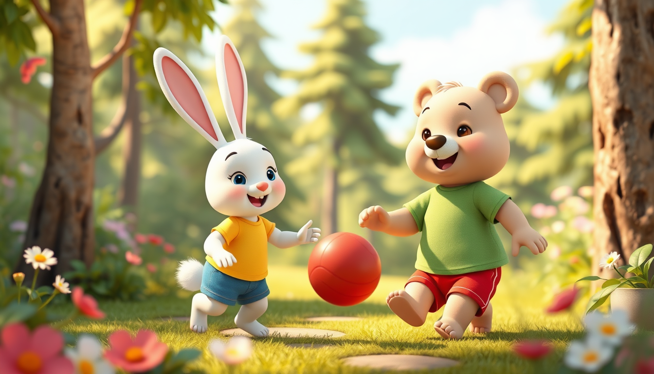 Main art studio: Cute white baby bunny wearing a yellow shirt and blue shorts and cute light-brown baby bear wearing a green T-shirt and red shorts, both playing happi
