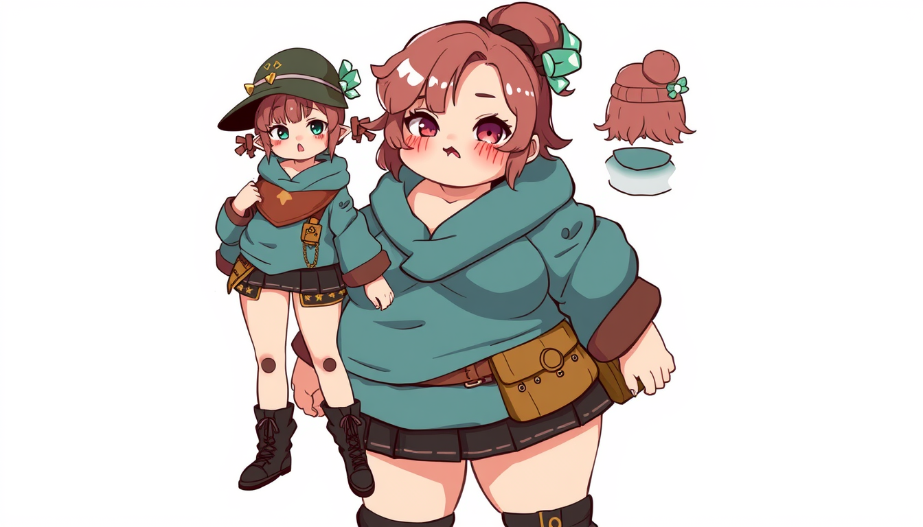 Character idea created from the prompt: original character design, detailed outfit and accessories, expressive personality, A chubby girl , character concept art illustration