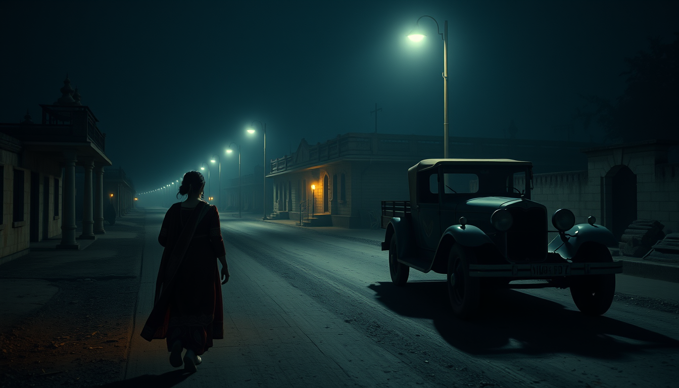 Main art studio: Ultra photorealistic cinematic 4K historical reconstruction, Neera Arya approaching a quiet meeting location on a deserted 1940s Indian road at night,