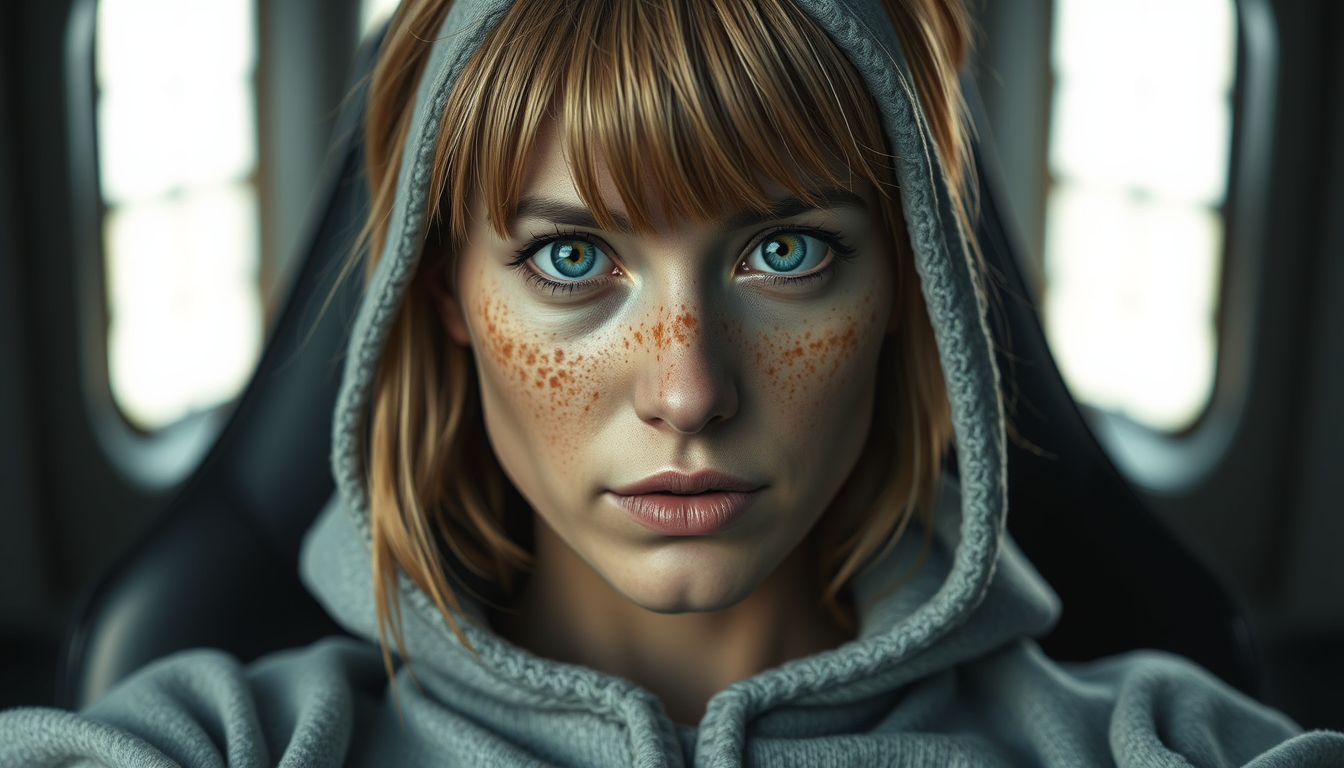 Realistic Images idea: photorealistic generated image, natural materials and skin texture, physically plausible lighting, Female version of Owen Wilson, with a lot of Downs 