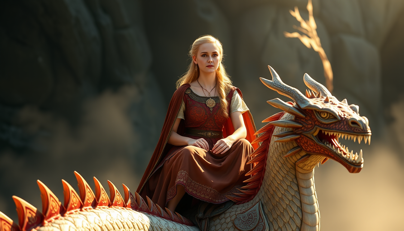 Main art studio: Alice Weidel strahlend sitzend auf ramiras Drachen, house of dragon und in den Sachen der Königin ramira staffel 3 folge 8