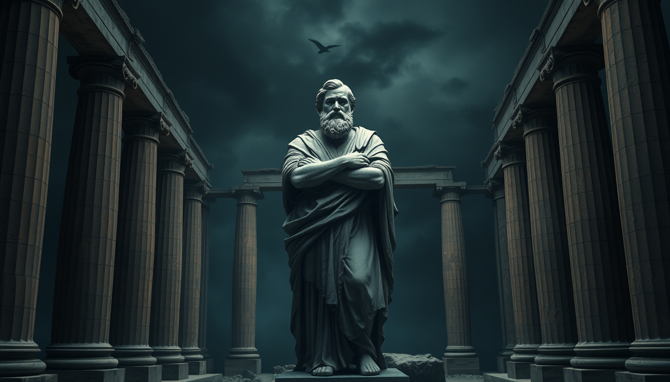 Main art studio: Ancient Greek philosopher statue standing confidently among ruined columns, arms crossed, dark cinematic atmosphere, dramatic shadows, mysterious mood