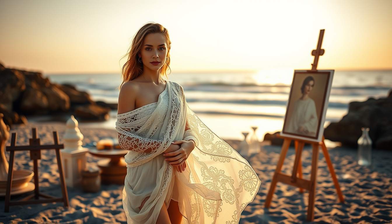 Main art studio: Fine-art photograph of an adult female model on a Mediterranean beach at golden hour. She wears the same delicate ivory lace-like very small transluce