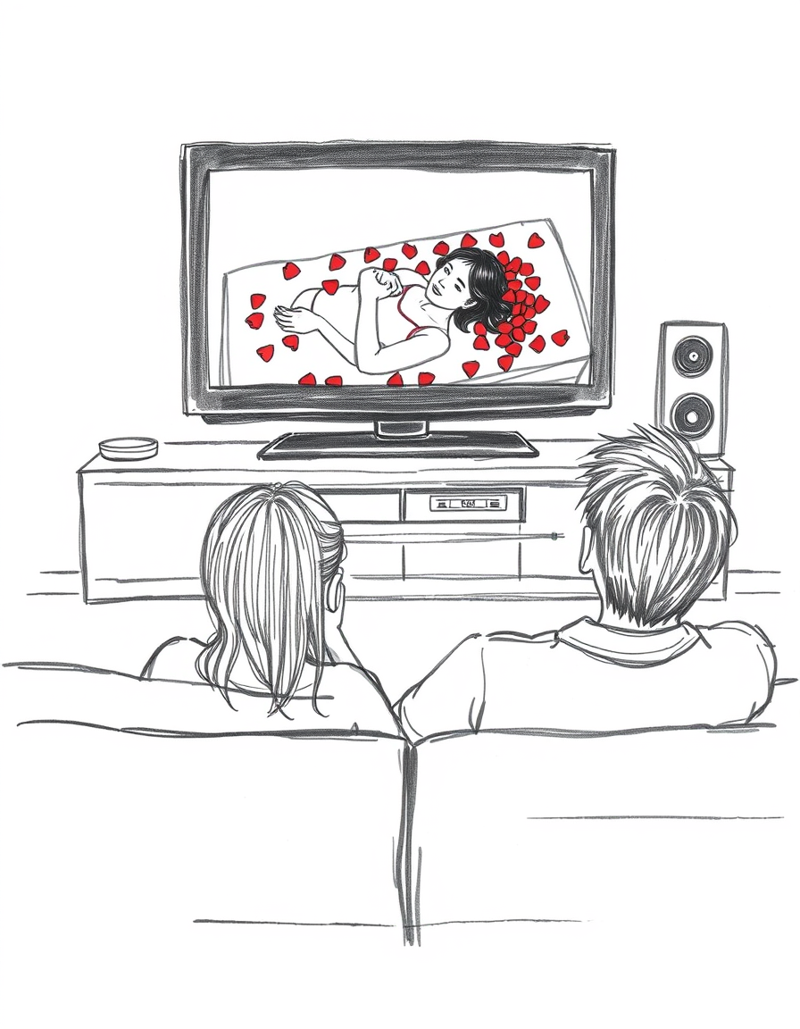 Main art studio: Minimalist black and white pencil sketch of two people sitting together on a sofa, watching a movie on a television. On the TV screen, show a recogniz