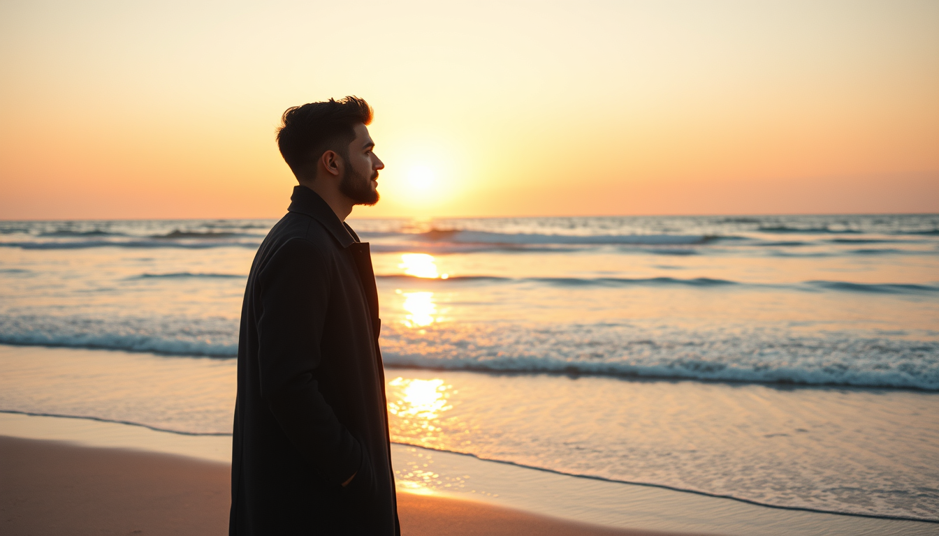 Main art studio: Cinematic realistic photograph of a handsome Egyptian man in his early 30s with short dark hair, wearing a long black coat, standing alone at the seas
