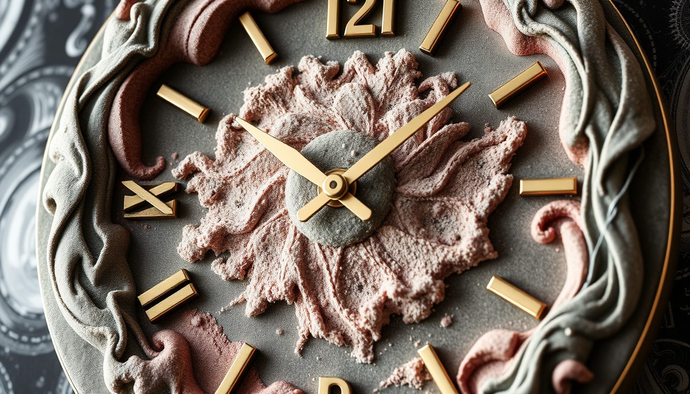 Main art studio: Resin wall clock with velvet powder and raised 3D texture, luxurious handcrafted finish, realistic velvet fibers, deep embossed texture, glossy resin