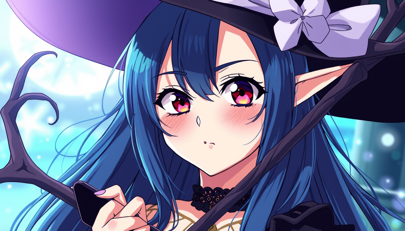 Anime idea: anime style, vibrant colors, expressive eyes, sexy 30 years old curvy witch , detailed anime illustration