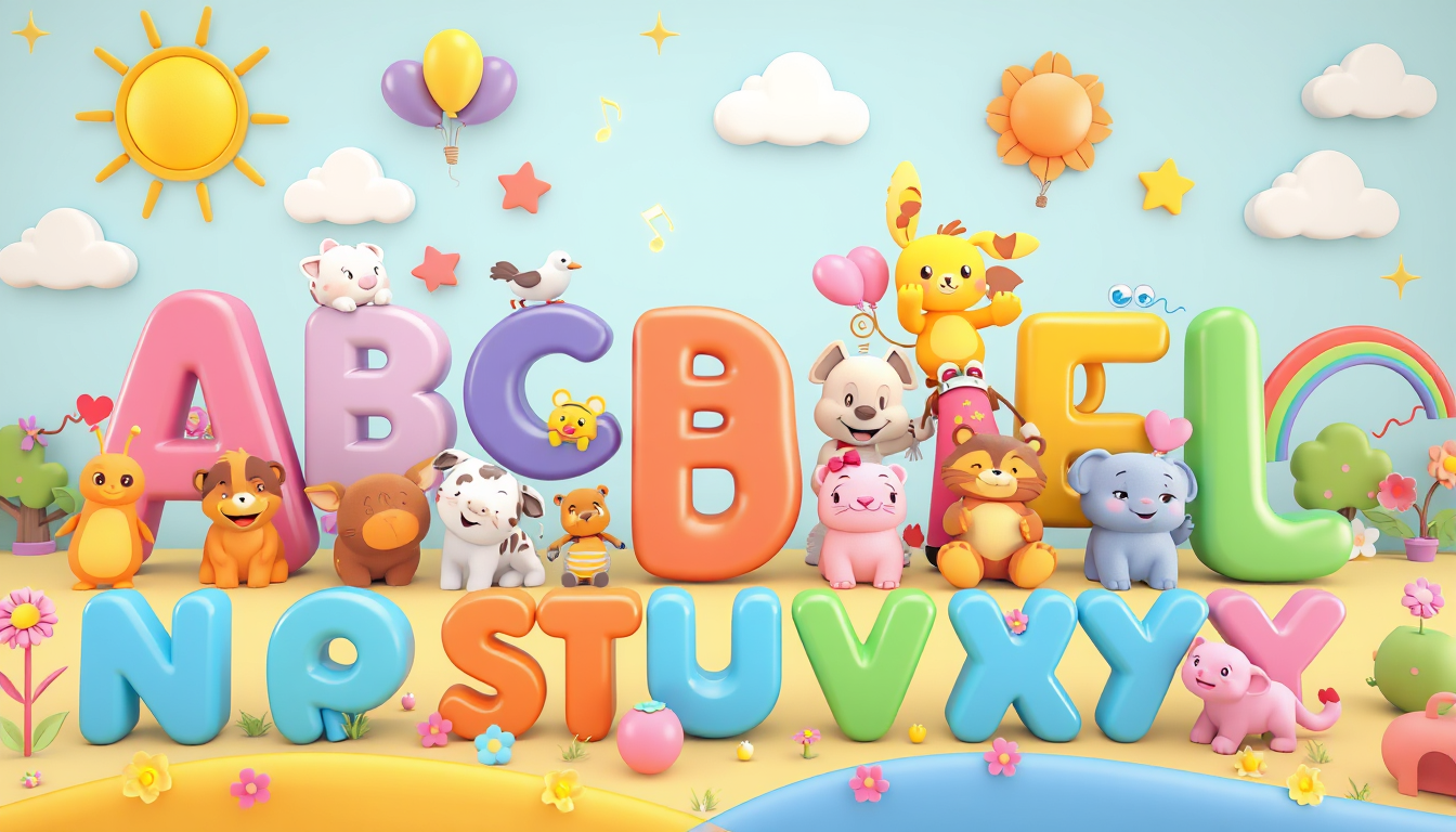 Main art studio: Colorful 3D preschool ABC scene with large dancing A–Z letters, cute animals, matching objects, balloons, rainbows, flowers, toys, sunshine, and cloud