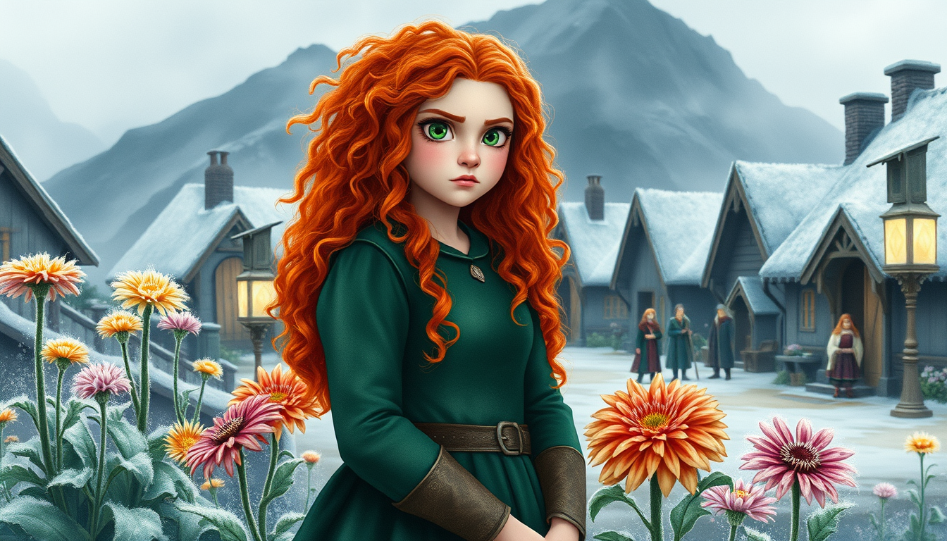 Main art studio: Merida standing in the village of DunBroch, looking worried. She has long wild curly red hair, green eyes, and a medieval green dress. Around her, sev