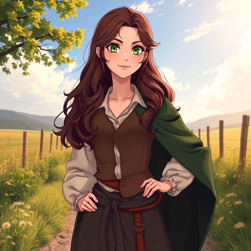 Anime idea: anime style, vibrant colors, expressive eyes, Anime-style illustration of Wren Rowan Bennett, a 22-year-old woman with long, wavy dark chestnut-brown
