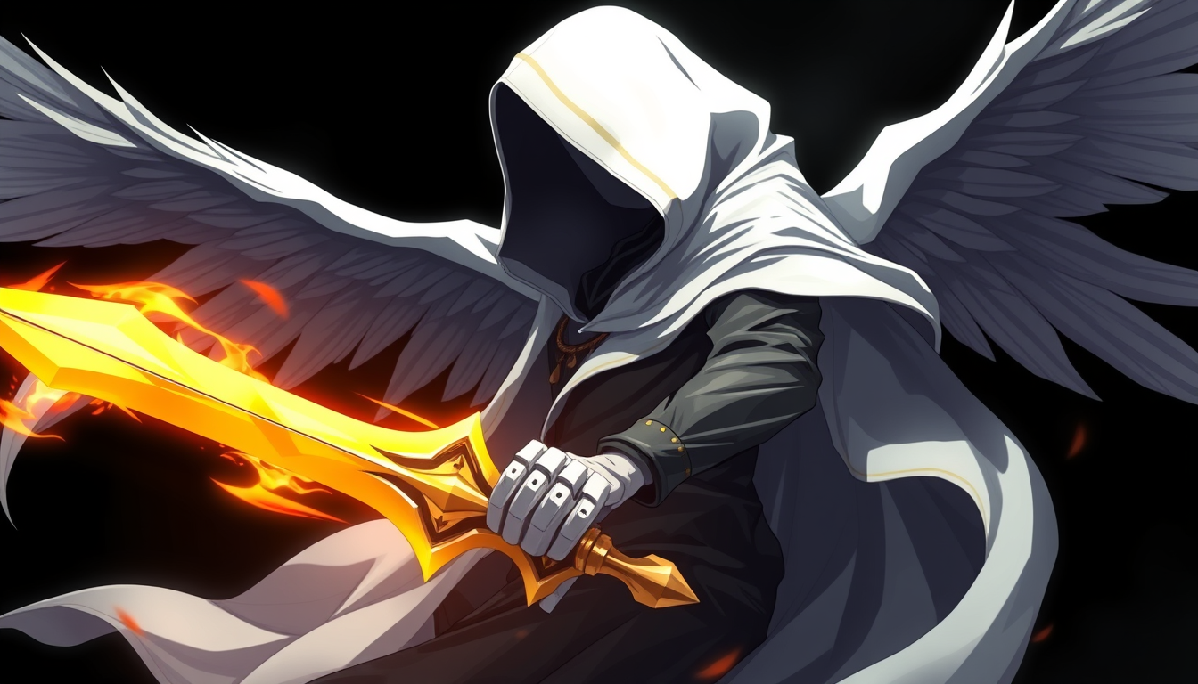 AI Art prompt example created from the prompt: Mythological angelic creature persona like from the games - anime style - mysterious hooded with white cape and gold blade - hovering - pitc