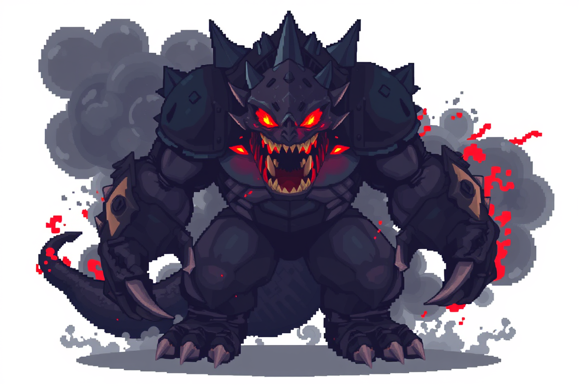 Main art studio: A powerful, intimidating pixel-art boss character with a massive muscular build, glowing red pixel eyes, dark armor, sharp claws, and a menacing aura.