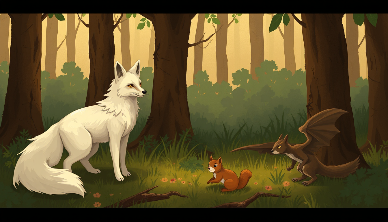 Main art studio: two girls one fox white 6 teils, one owl one dragon one squirrel in the woods