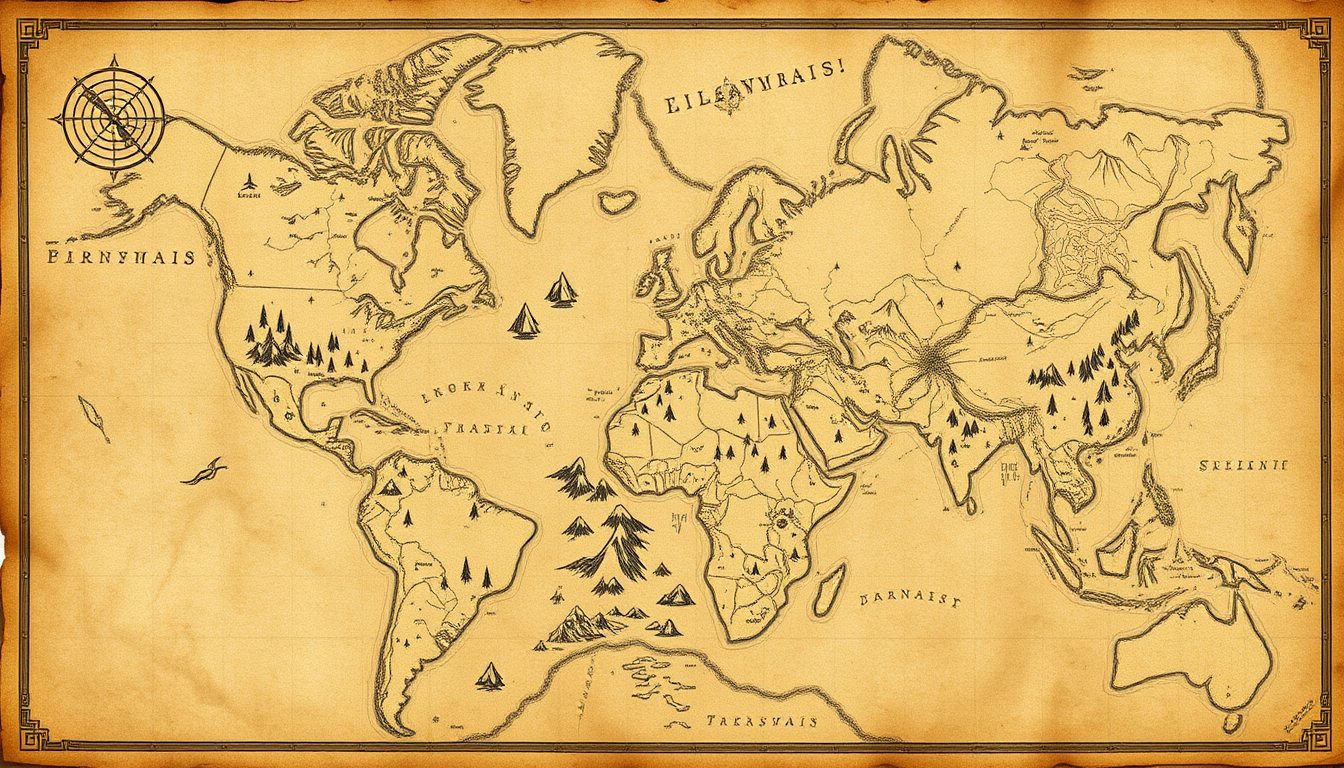 Fantasy Map idea created from the prompt: fantasy world map, hand-drawn cartography, aged parchment, mountains forests and coastlines, 1800年代後半の日本にあるとする地域。で西北に旧八ヶ岳、中央に人里が点在している。そして西端