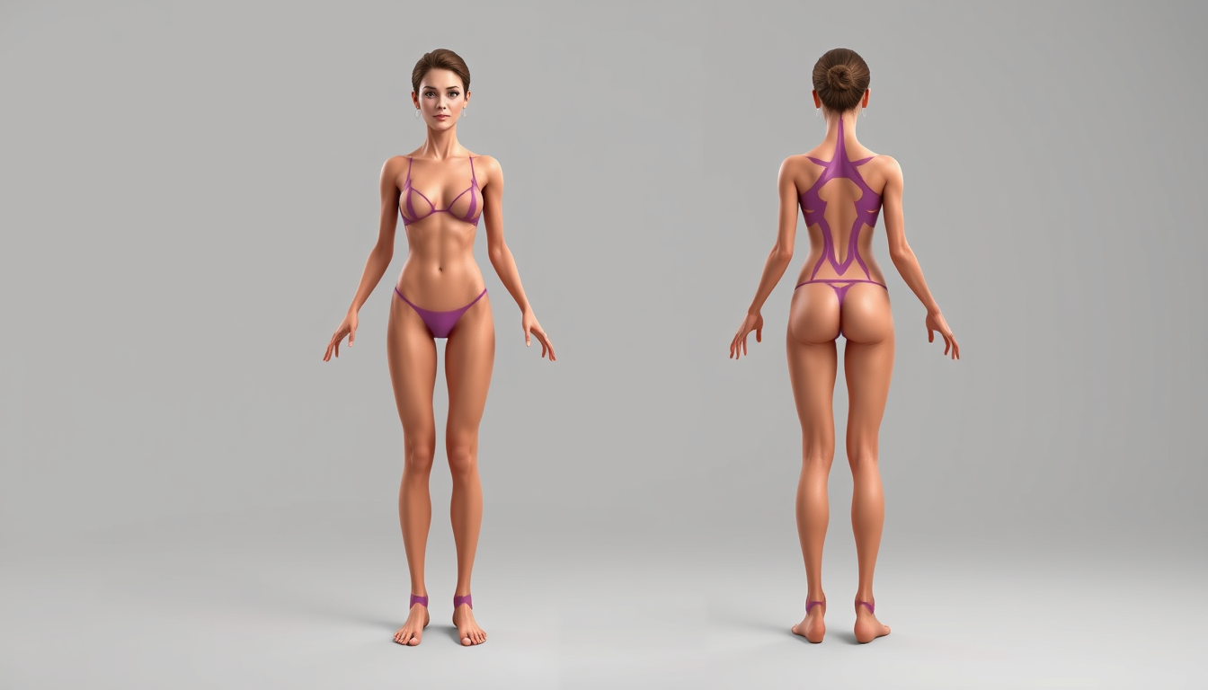 Main art studio: Adult woman, full body, complete body visible from head to feet, front view, standing straight in a relaxed A-pose, arms slightly away from the body, 
