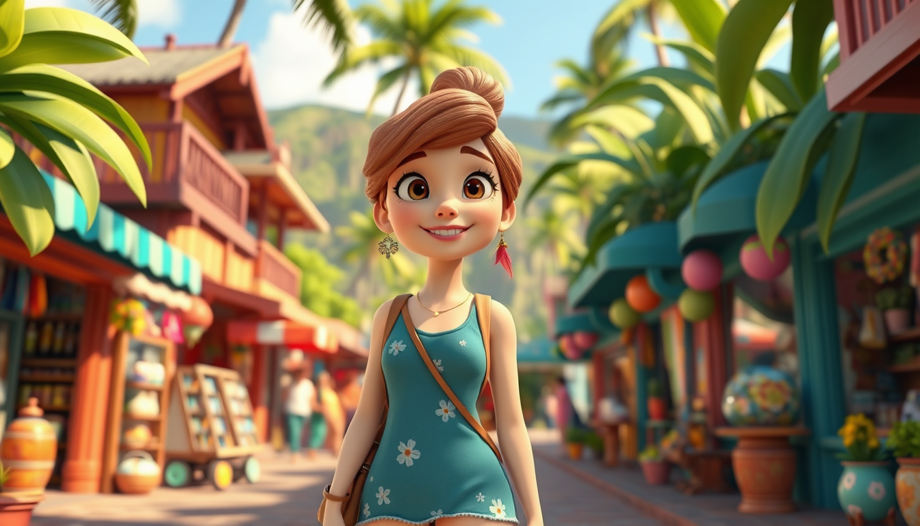 Main art studio: Scene 4: Chloe exploring a Hawaiian village, colorful shops, local streets, tropical scenery, browsing souvenirs, cute 3D cartoon movie style.made chl