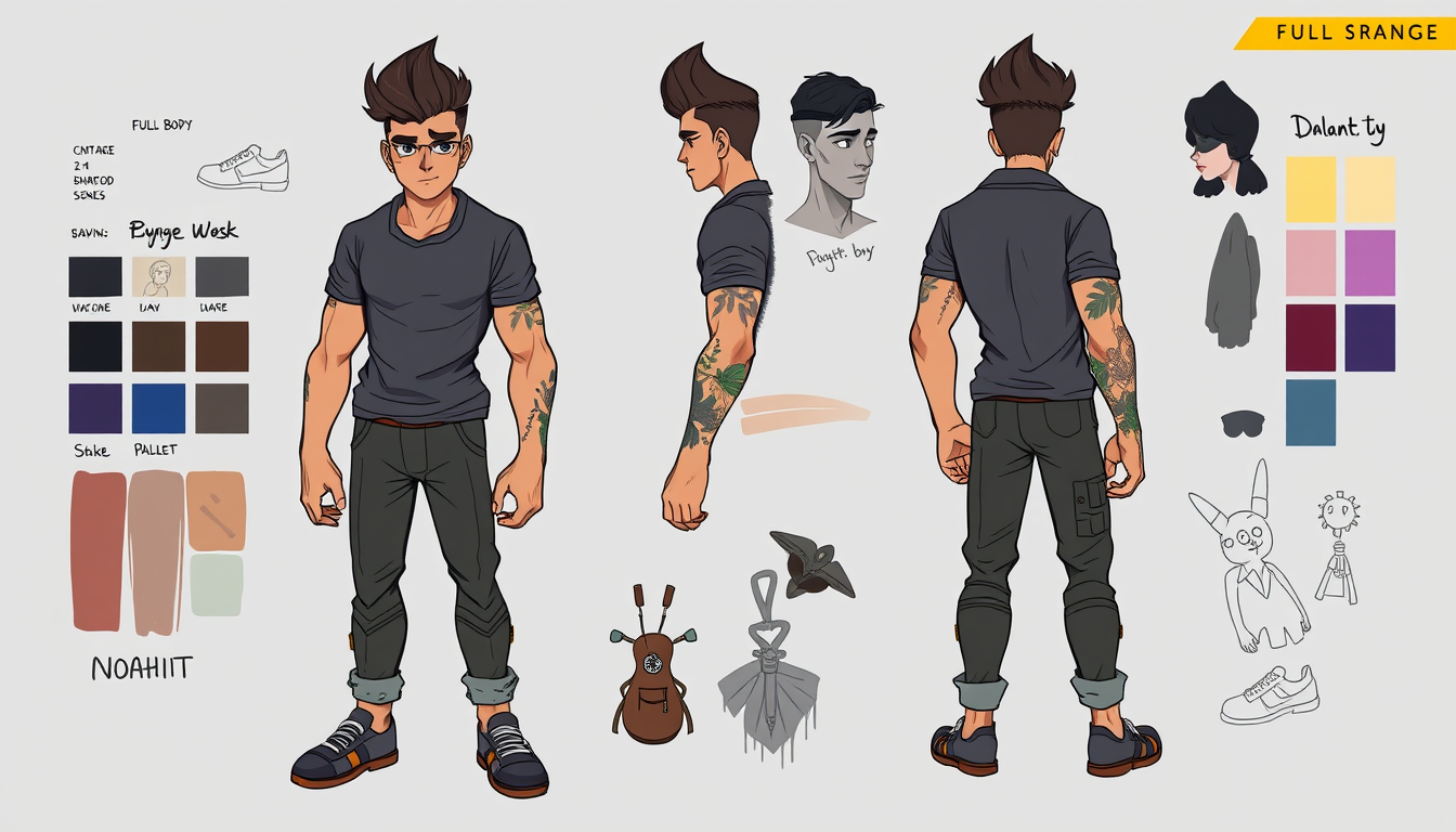 Character Sheet idea created from the prompt: a visual character reference sheet with a dominant full-body view, controlled details, palette swatches, and supporting expressions or acces