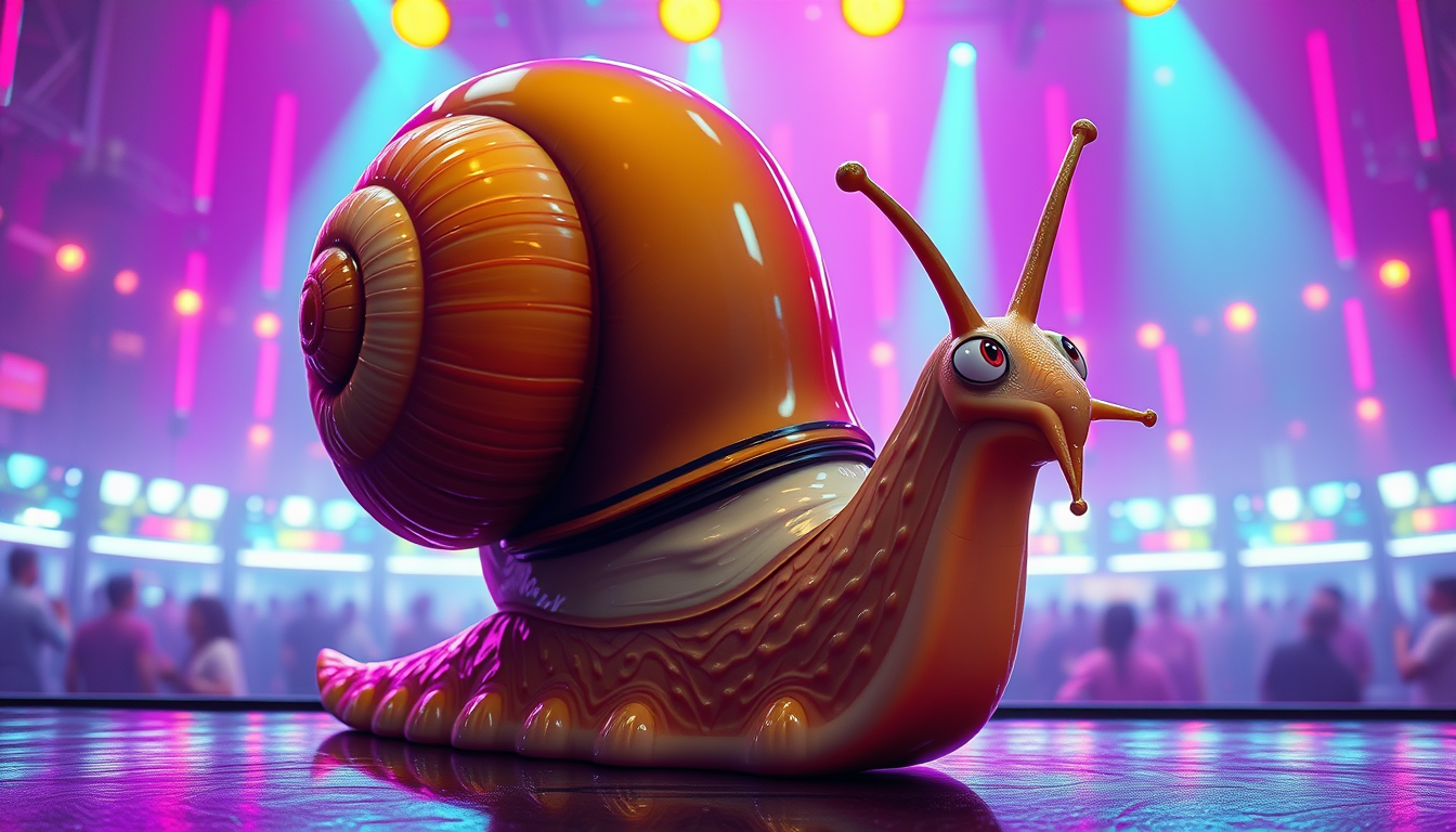 Main art studio: A ridiculously cool anthropomorphic snail named Snaily, glossy wet skin, huge stylish shell, confident mischievous expression, slightly sexy but playf