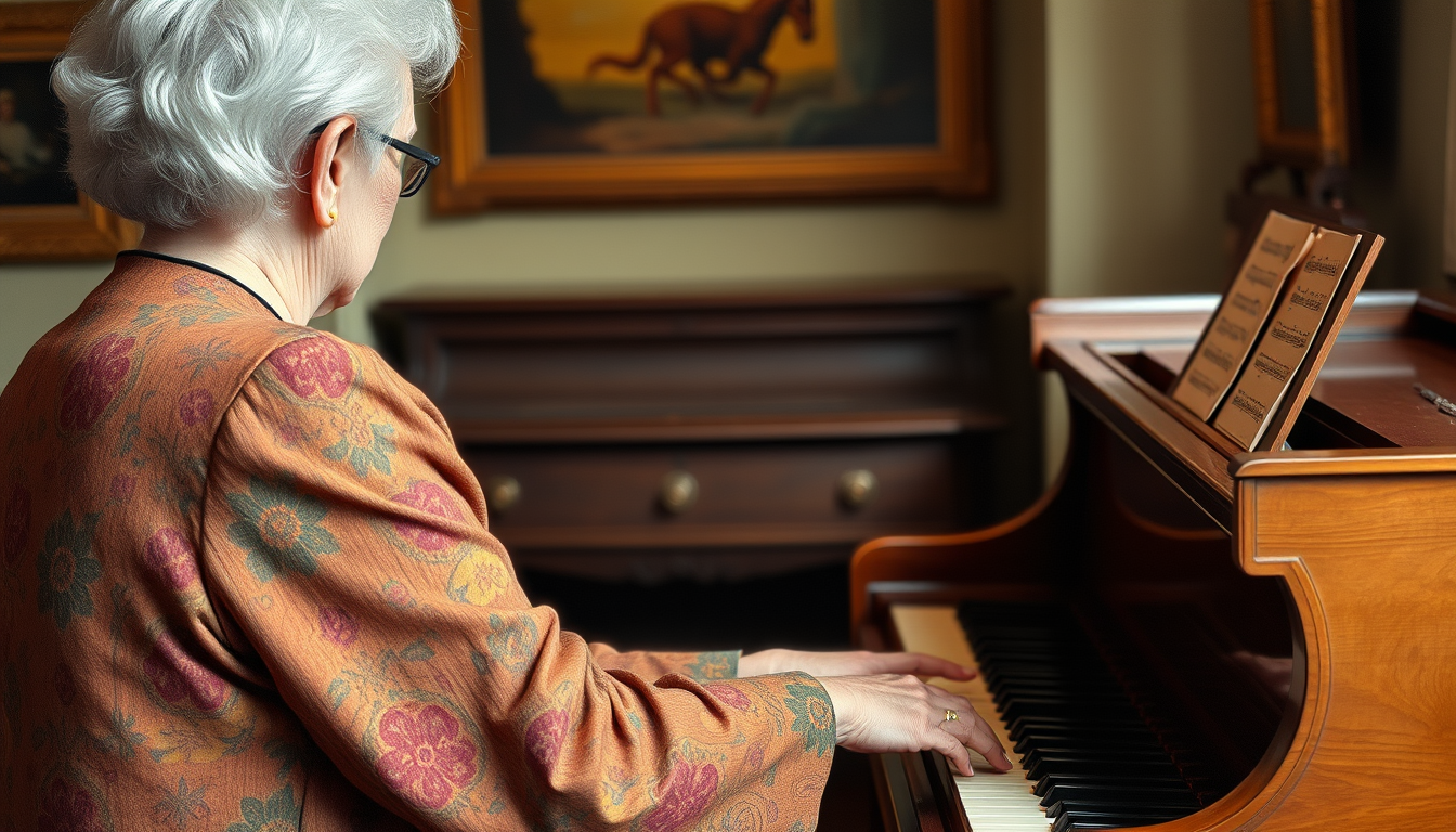 AI Art prompt example created from the prompt: An older woman is playing piano. The lady is seen from behind. So I can't see her face. Make it like a paint. A painting! Like a renesance. 