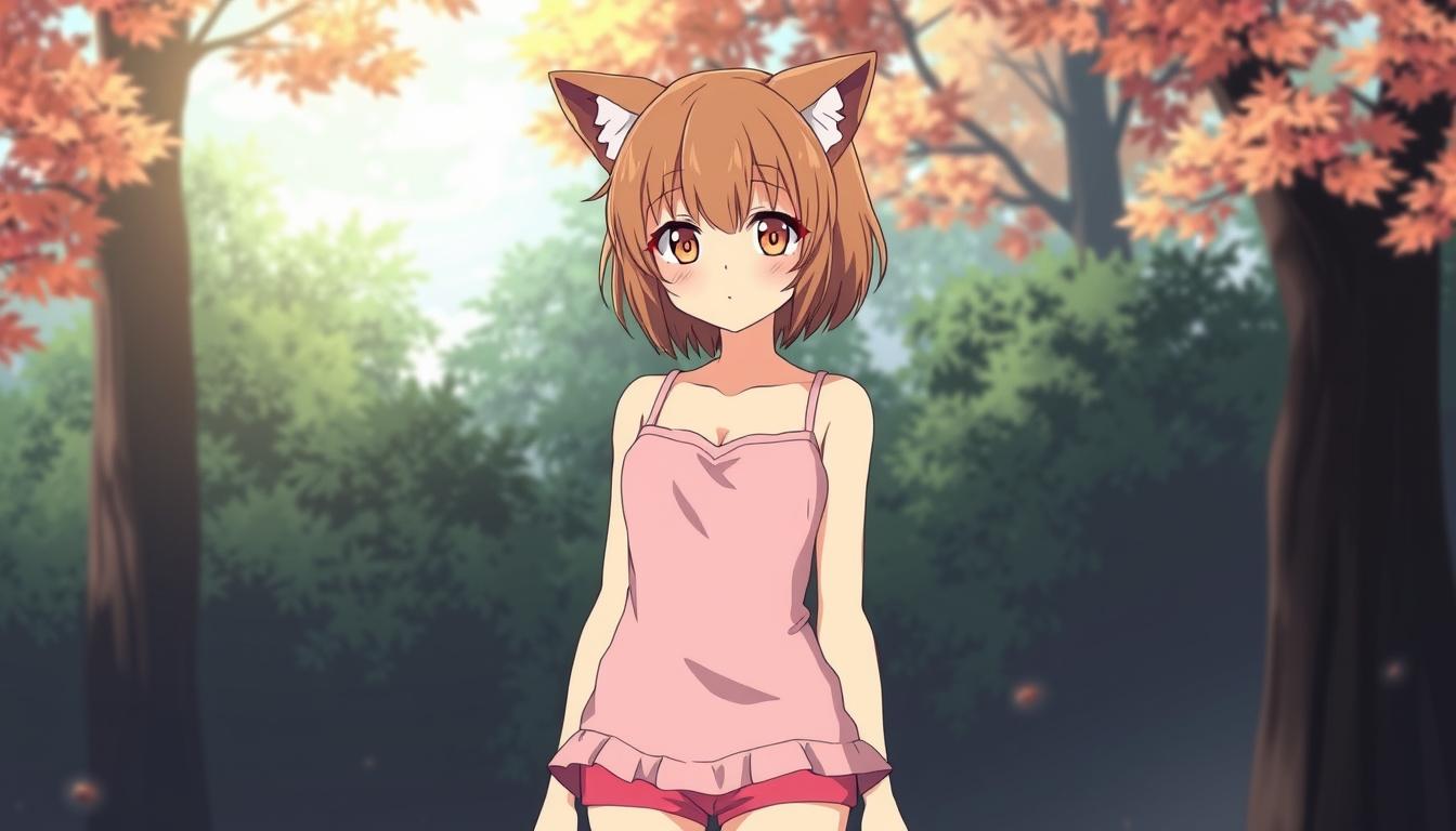Main art studio: erstelle mir ein anime mädchen in pinker ganz kurzen unterwäche, sie soll braune haare mittellange und wolf cut haben mit braunen augen, sie soll eine