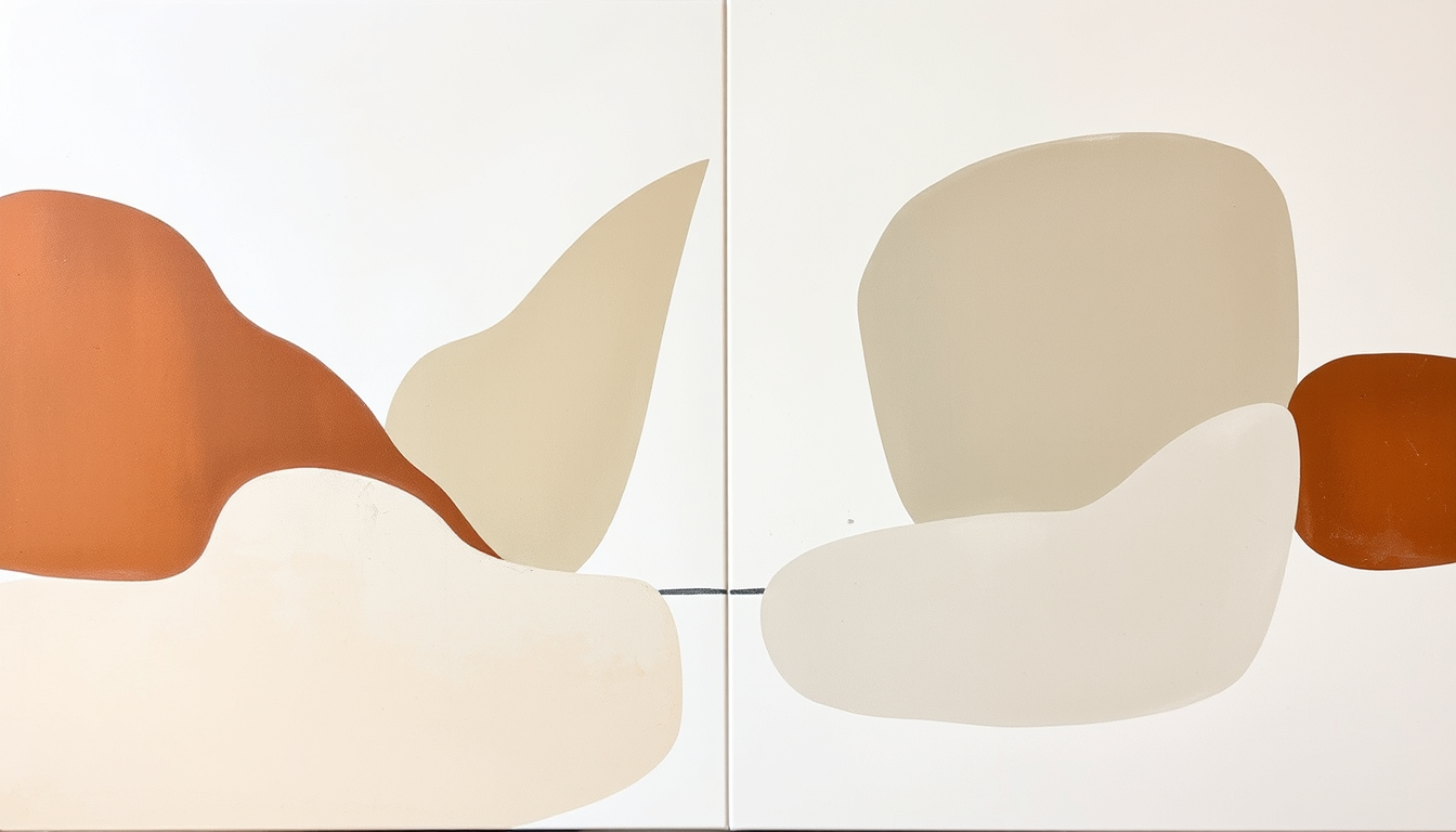 AI Art prompt example created from the prompt: Original contemporary fine-art abstract painting for an elegant Mérida guest room. One continuous horizontal composition designed as two squ